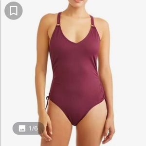Time and Tru Plum Ribbed One-Piece Swimsuit